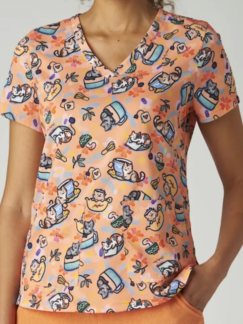 Artist Series Leslie Kittens and Tea V-Neck Print Top